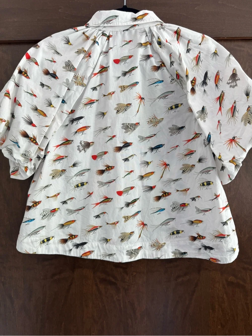 Anthropologie Maeve Zooey Bubble-Sleeve Buttondown XS Fly Fishing Print - Picture 2 of 4